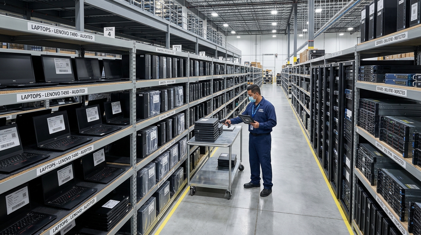 Enterprise IT equipment on storage shelves